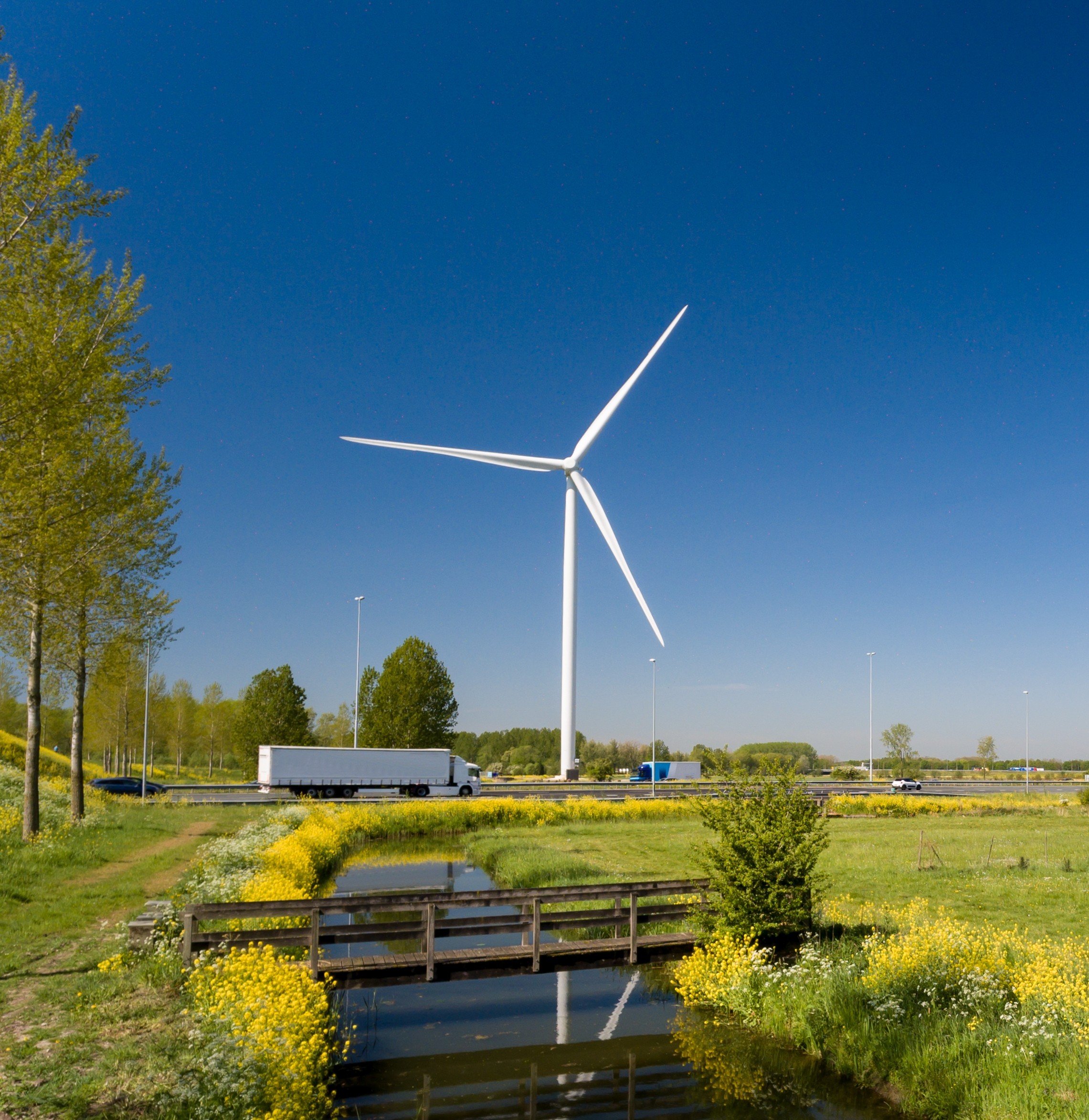 High Angle Shot Wind Turbines Near Highways Meadows Captured Netherlands