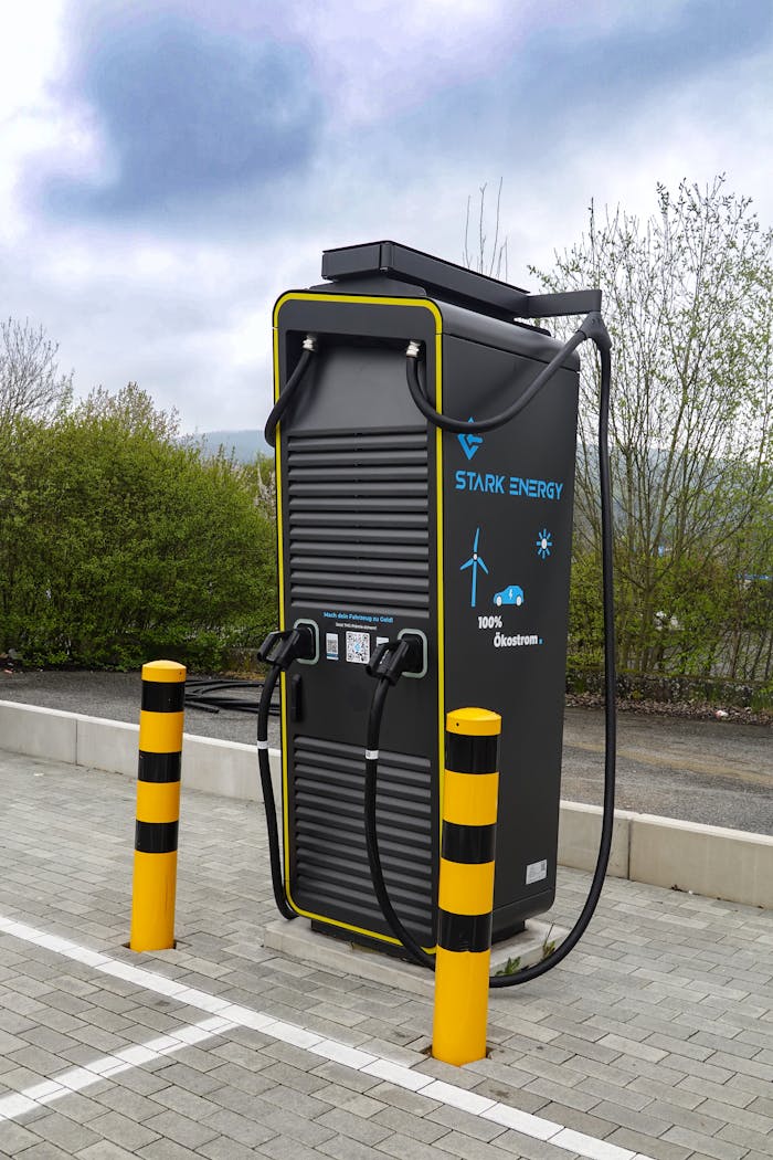 A state-of-the-art electric vehicle charging station situated outdoors in a public area.
